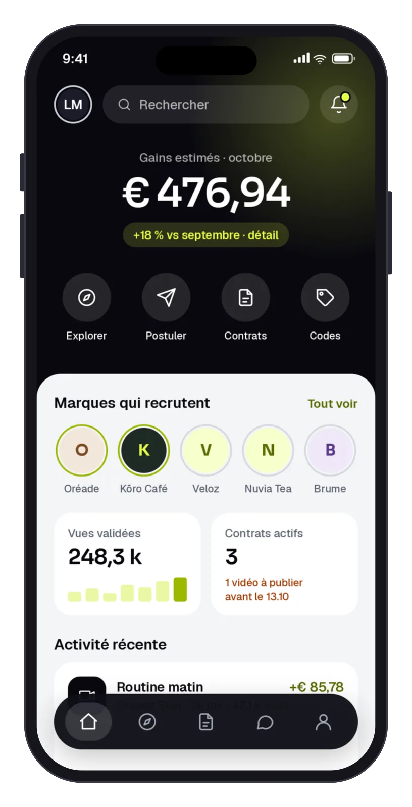 Écran d’accueil créateur de l’app AFILIA : gains estimés et marques qui recrutent