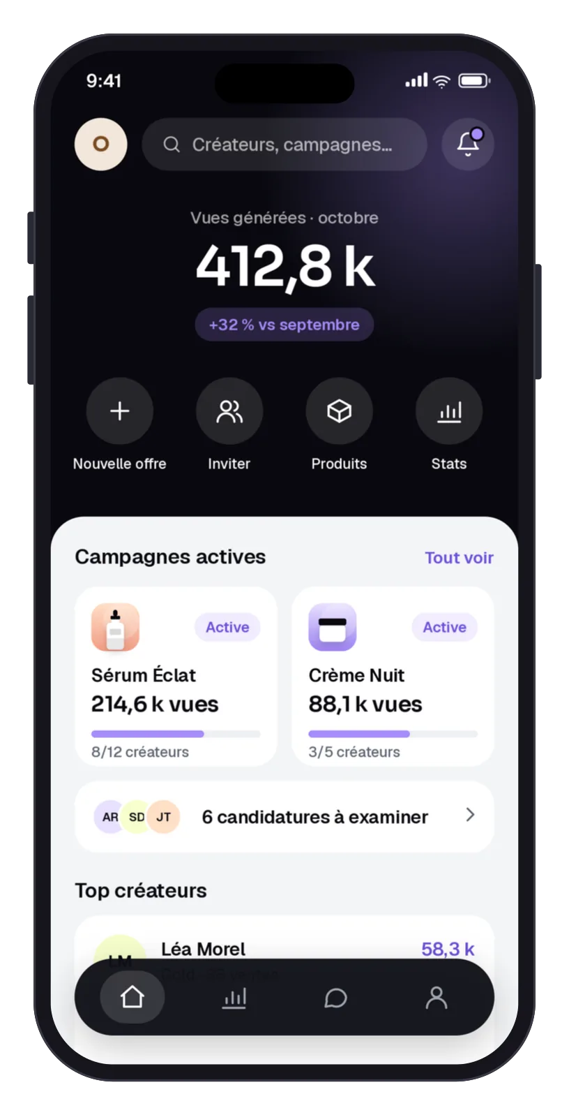 Écran d’accueil marque de l’app AFILIA : vues générées et campagnes actives